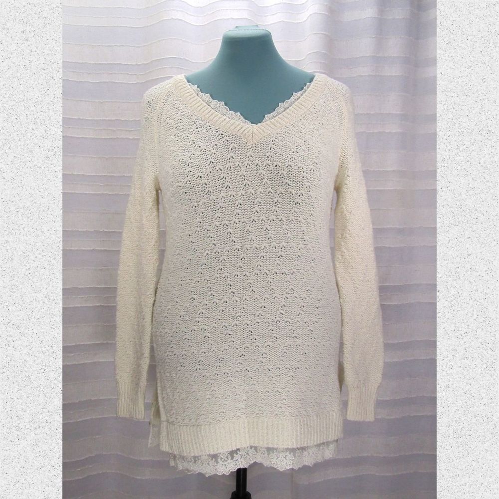 Anthropologie Knitted & Knotted Lace Trim Betten Sweater Tunic In Cream - S View 2